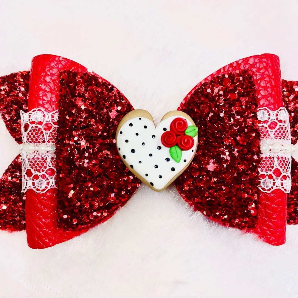 Sparkling Red Heart 💝 Valentines Day Handmade Hair Bow - B1